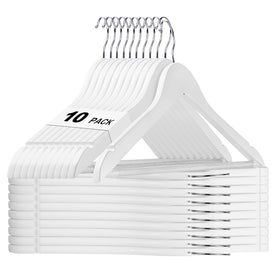 House Day white wooden hanger 10-pack, sturdy for heavy garments.