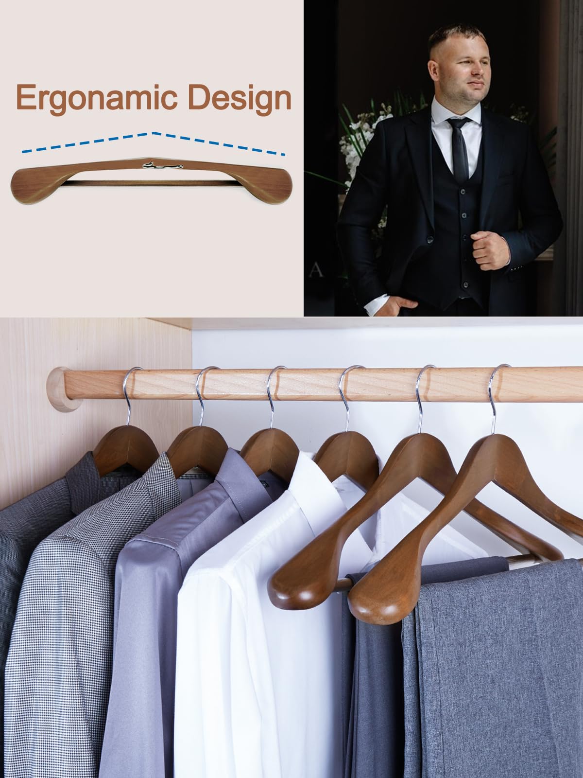 House Day wide hanger with pant holder enhances closet organization.