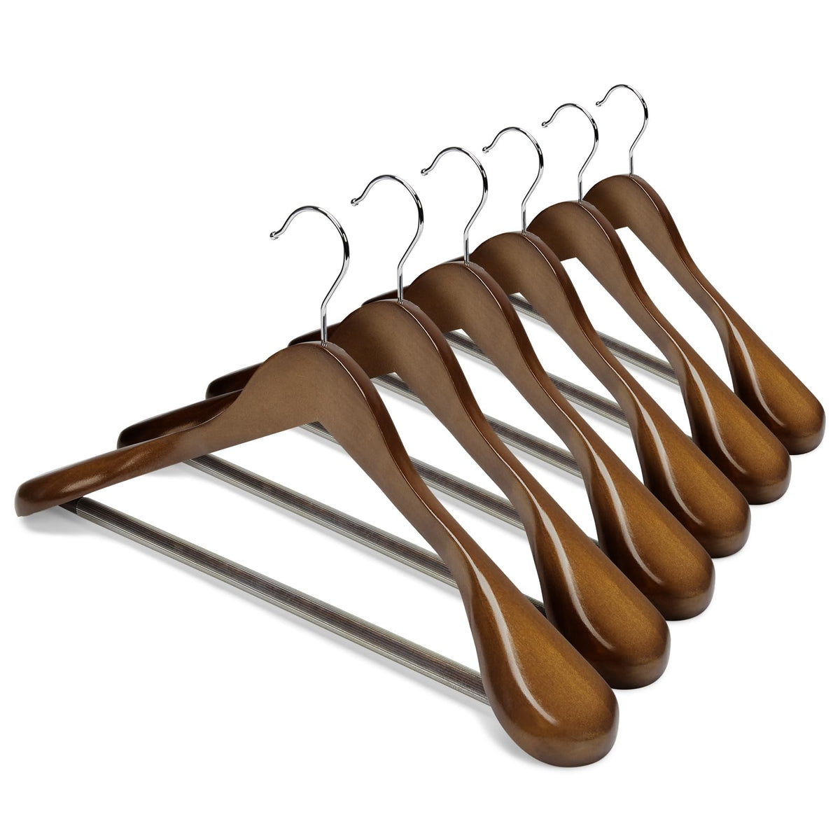 House Day wide shoulder wooden hanger in walnut finish supports suits.