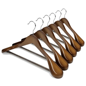 House Day wide shoulder wooden hanger in walnut finish supports suits.