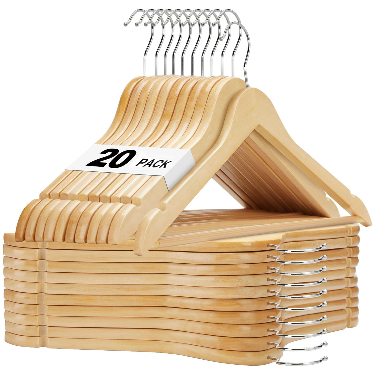 HOUSE DAY wooden hangers 20-pack pack shot for sturdy closet organization