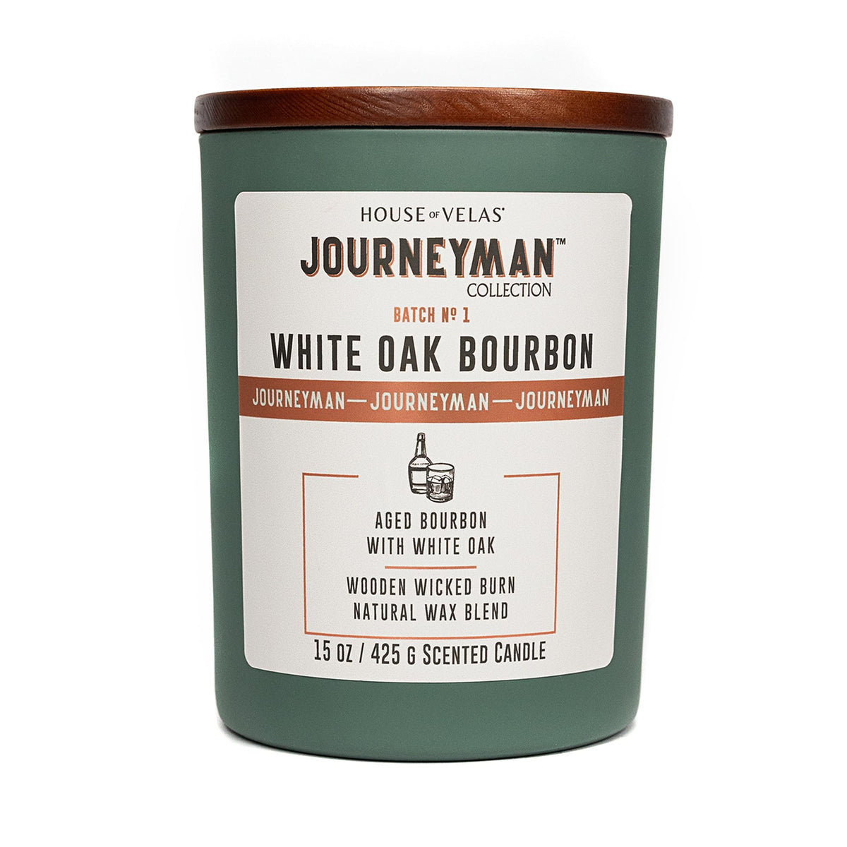 House of Velas Journeyman White Oak Bourbon jar candle for refined living room ambiance