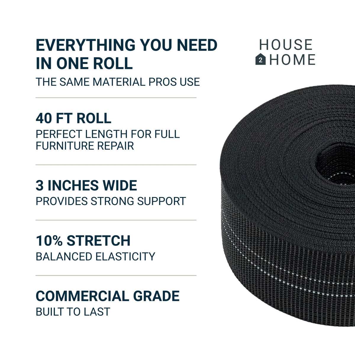 House2Home elastic webbing 10percent stretch ideal for rebuilding chair foundations.