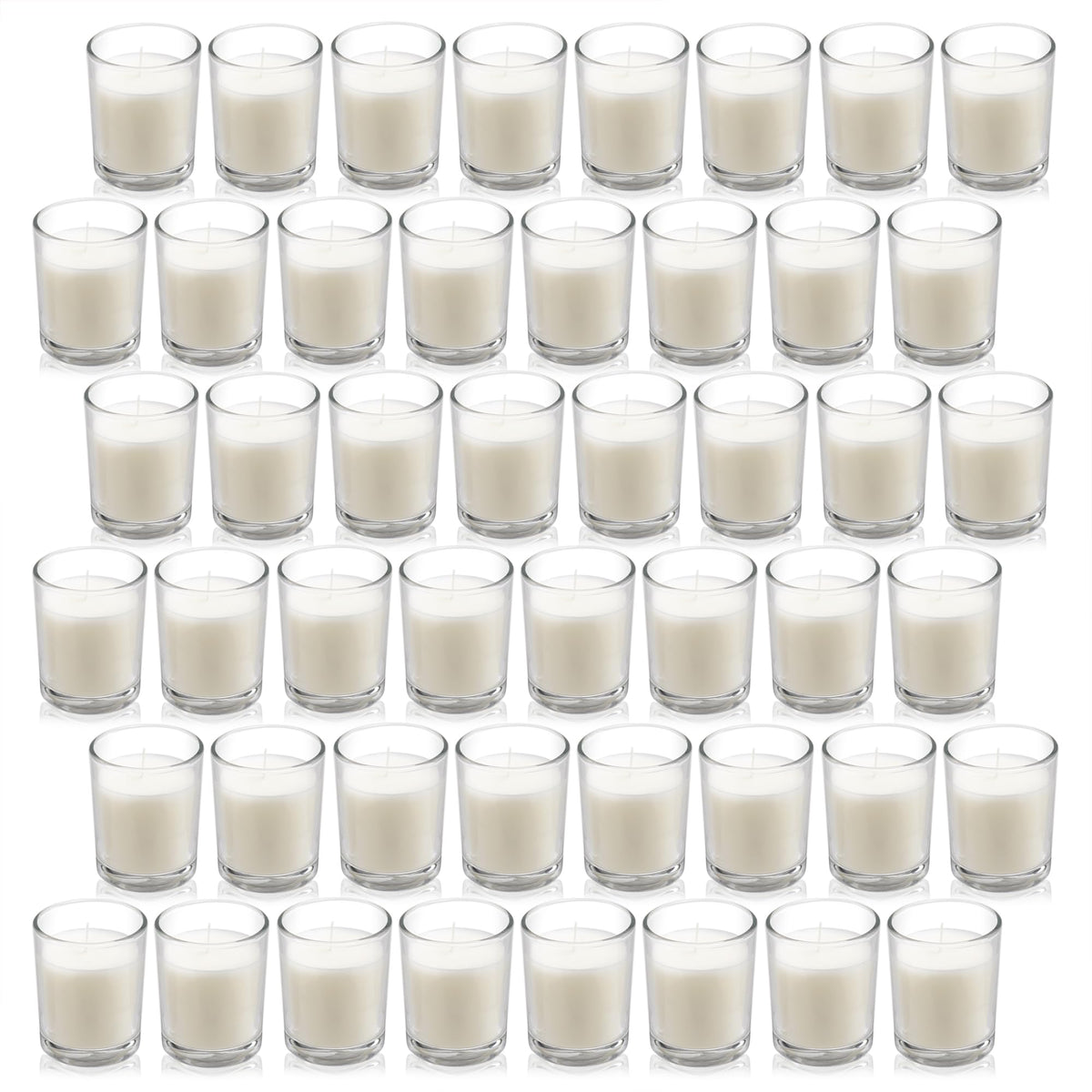 Housecret 48-pack warm white unscented glass votive candles arranged for cozy ambiance.