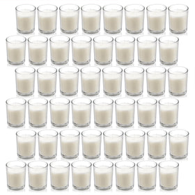 Housecret 48-pack warm white unscented glass votive candles arranged for cozy ambiance.