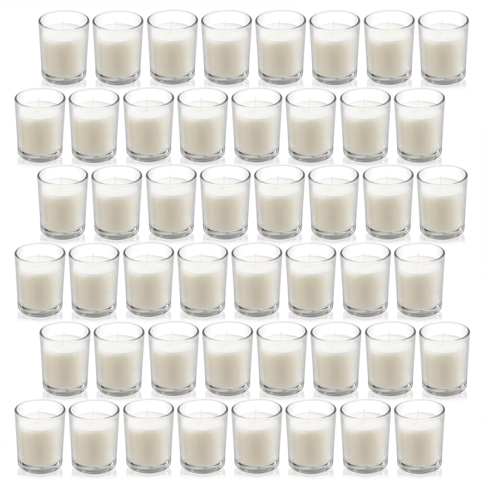 Housecret 48-pack warm white unscented glass votive candles arranged for cozy ambiance.