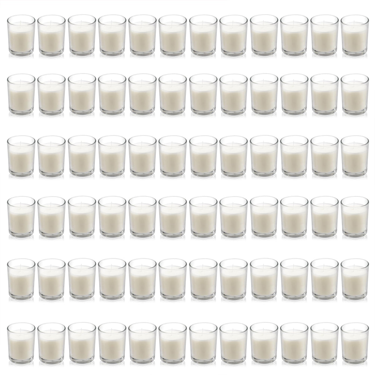 Housecret 72-pack warm white unscented clear glass votive candles for elegant table decor.