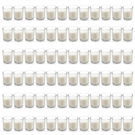 Housecret 72-pack warm white unscented clear glass votive candles for elegant table decor.