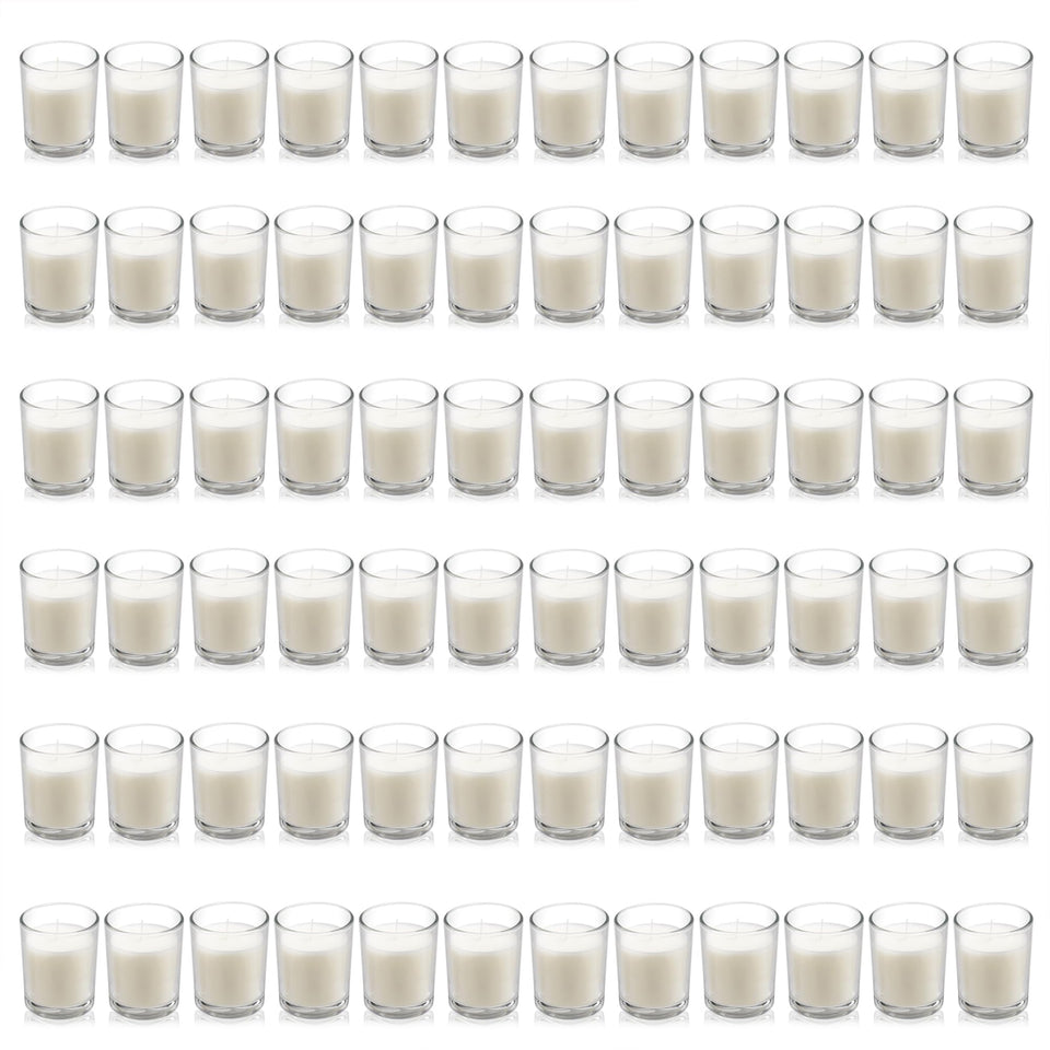 Housecret 72-pack warm white unscented clear glass votive candles for elegant table decor.