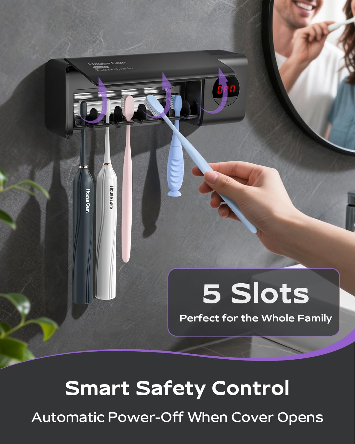 HouseGem compatible with electric brushes for shared bathroom storage.