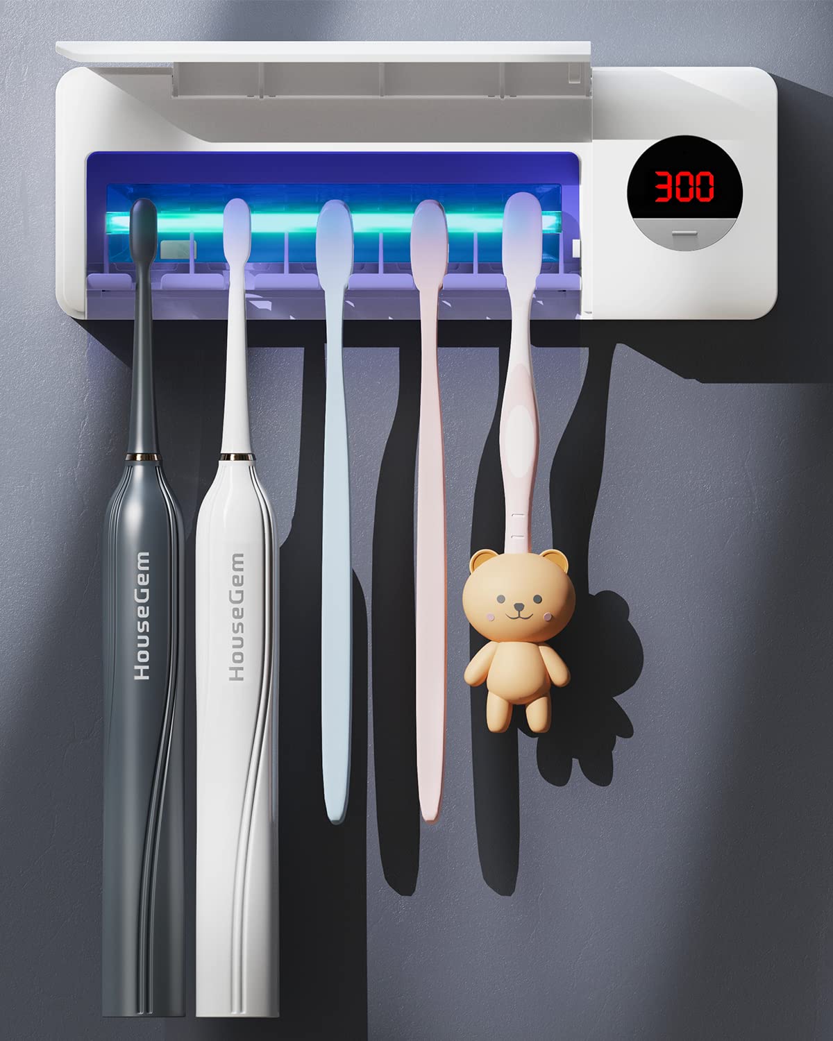 HouseGem toothbrush holder—front view showing organized bathroom counter