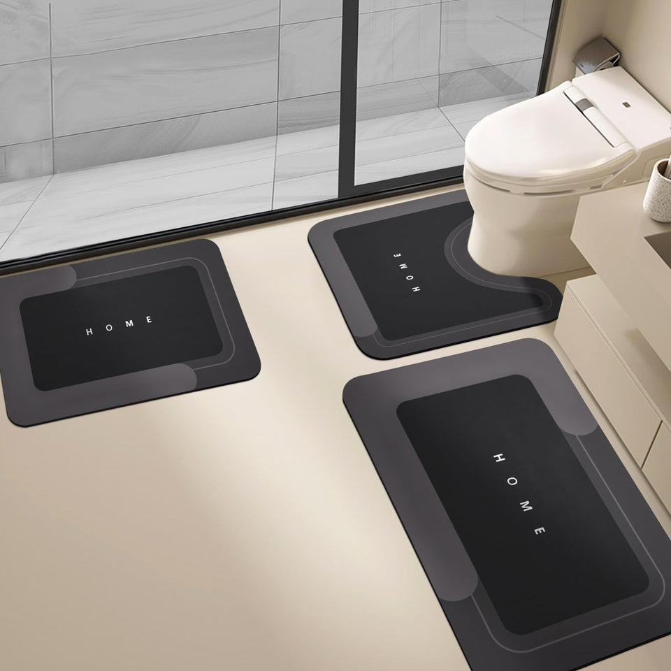 Housego 3-piece absorbent bath mat set with diatomite surface for fast water absorption.