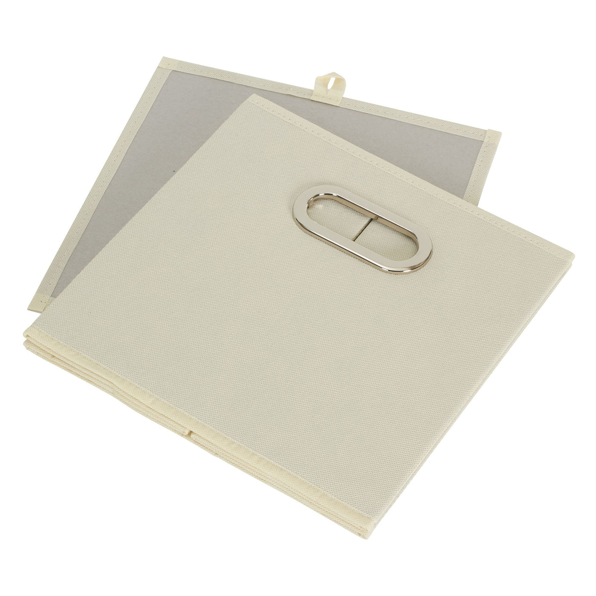 Household Essentials cream storage bins in a laundry or craft area to reduce clutter