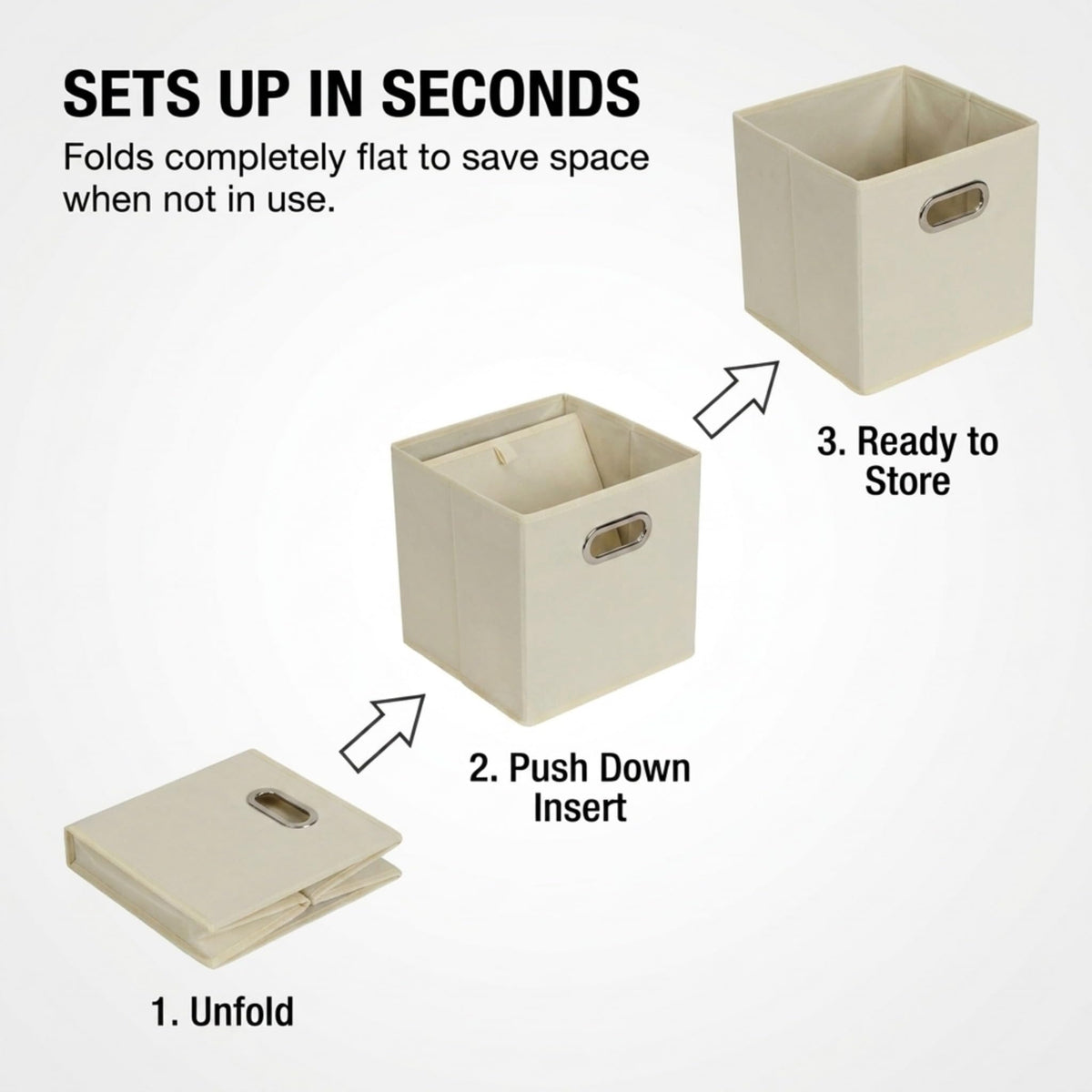 Household Essentials cream fabric bins stacked to save space in a closet