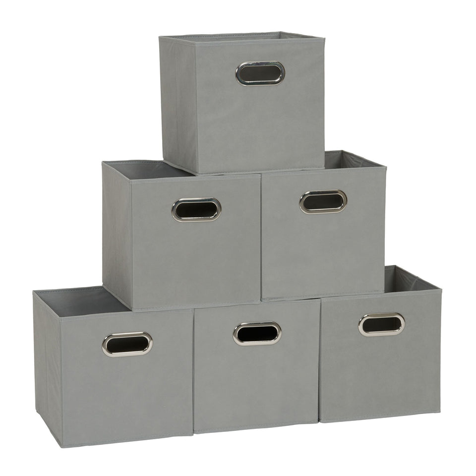 Household Essentials fabric bin with front grommet handle for easy pull-out storage on a shelf.
