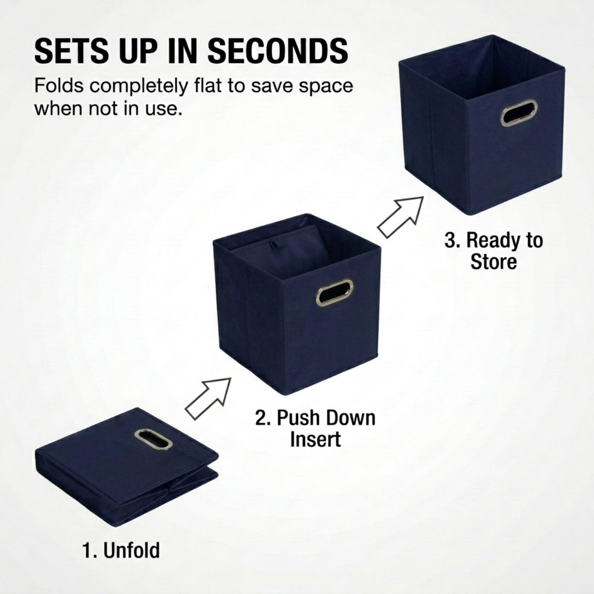 Household Essentials fabric bin navy side panel highlights sturdy construction for daily use.