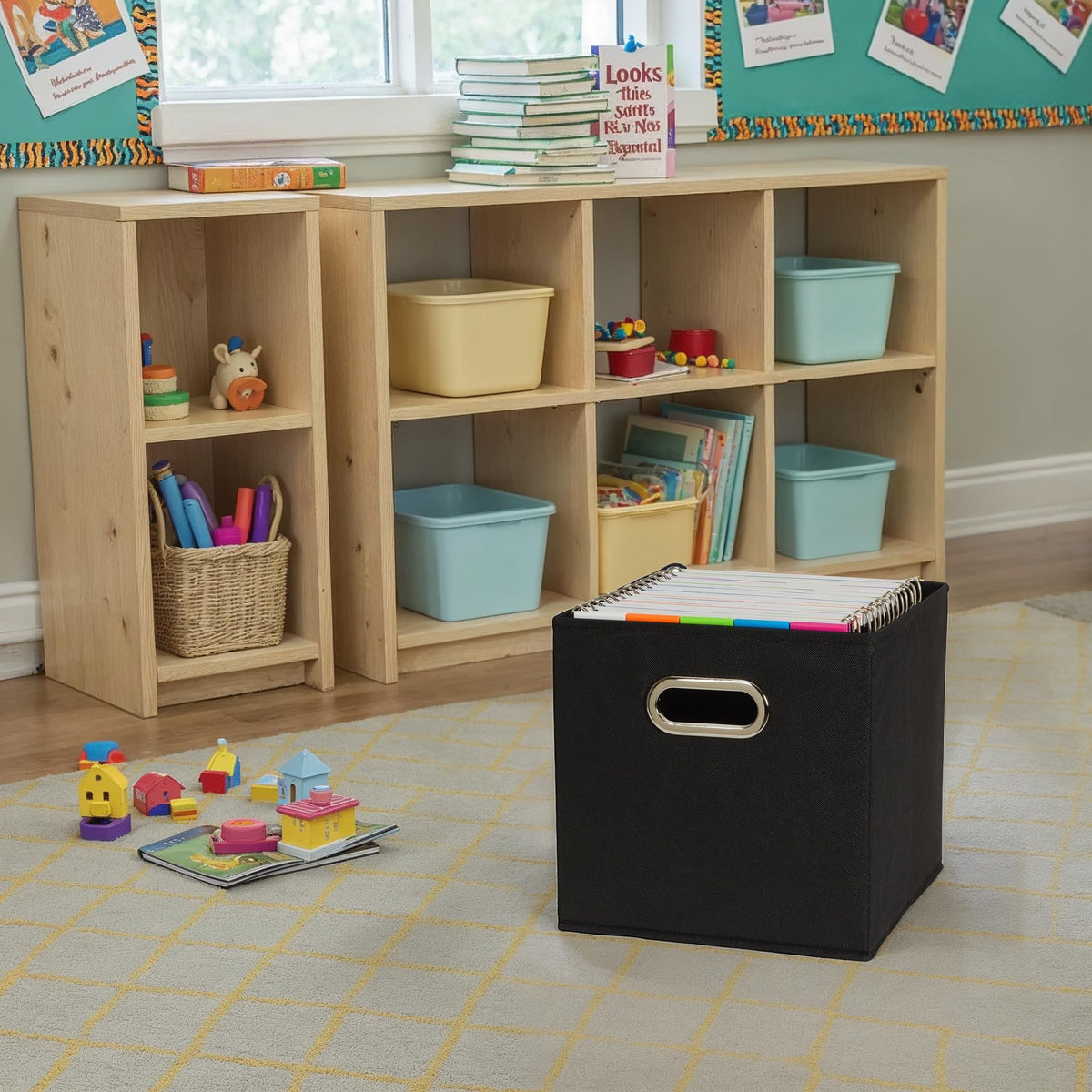 Household Essentials foldable bins on a shelf in cubby arrangement