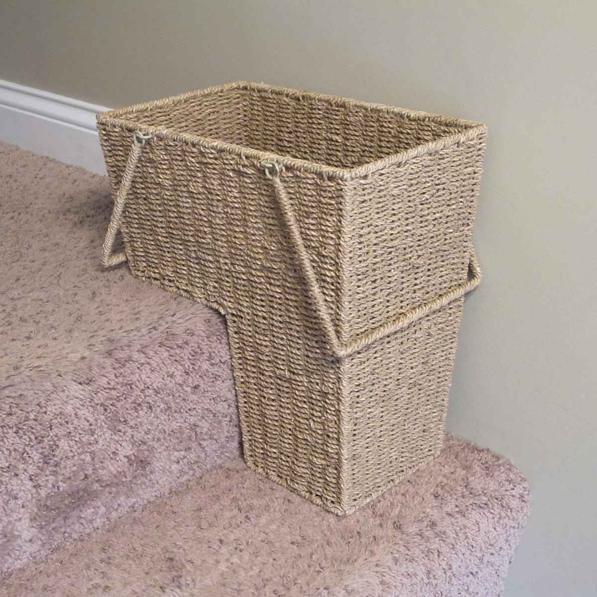 Household Essentials Wicker Stair Basket on stairs demonstrates compact, accessible storage