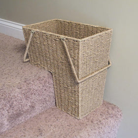 Household Essentials Wicker Stair Basket on stairs demonstrates compact, accessible storage