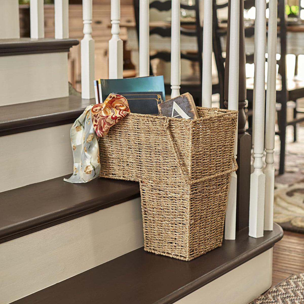 Household Essentials Wicker Stair Basket open top access on stairs