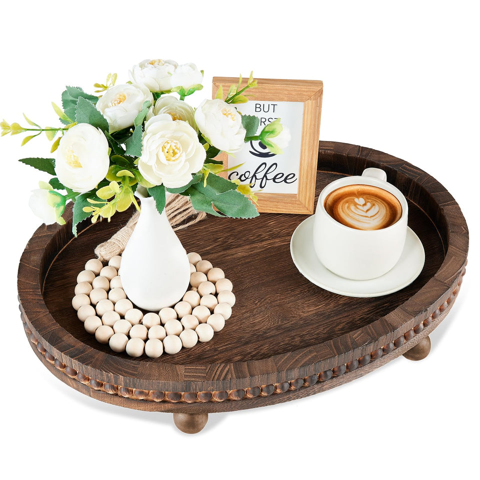 HouseJoy decorative tray with wood beaded edge enhances living room displays.