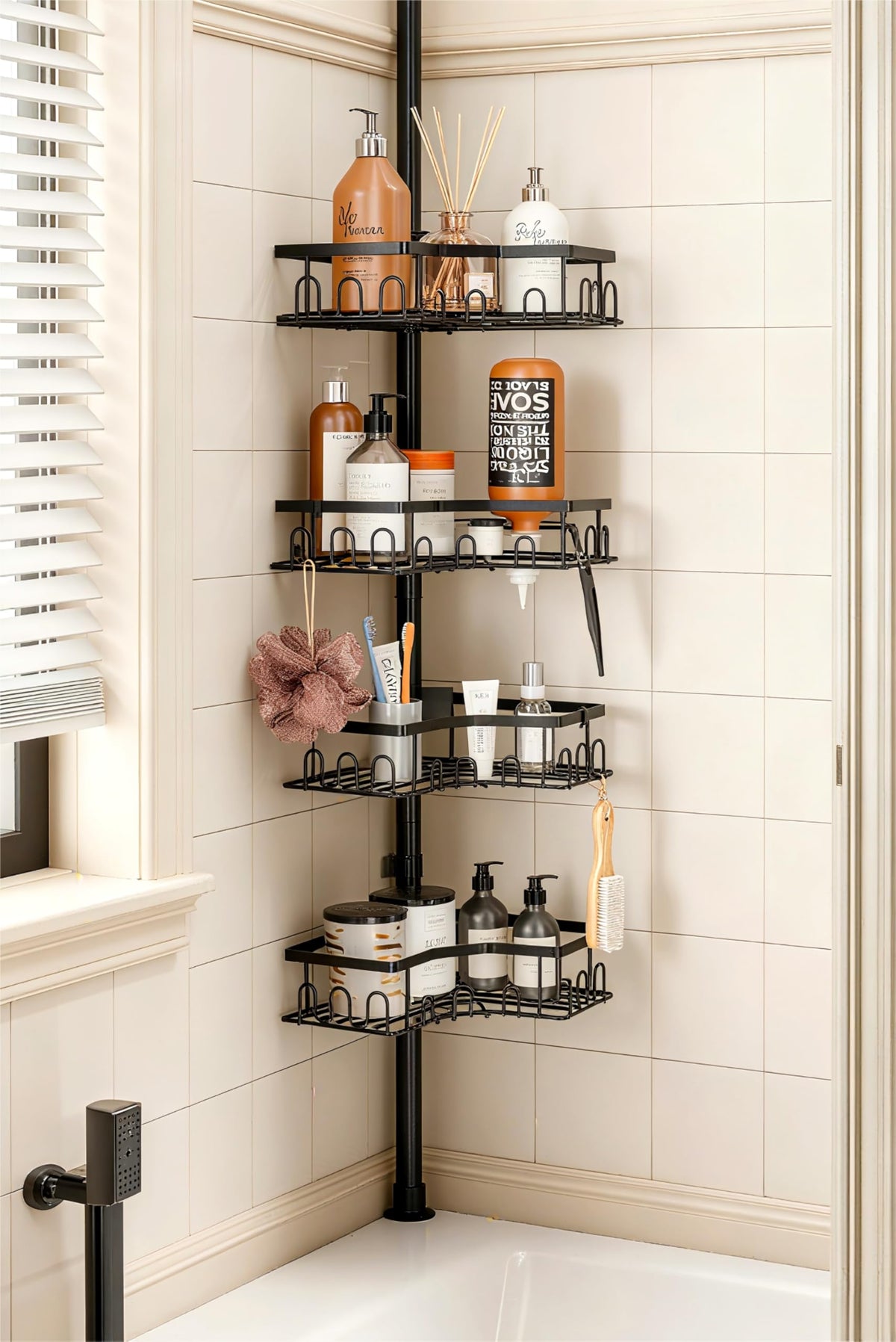 HouseUp corner shower caddy pole assembly keeps bath tools within easy reach.