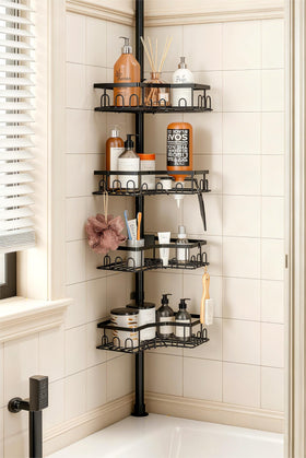 HouseUp corner shower caddy pole assembly keeps bath tools within easy reach.
