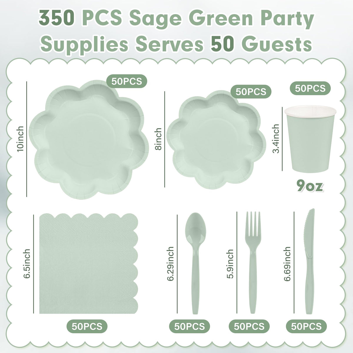 Houuqe sage green dessert plates with floral scalloped detail for a coordinated theme.