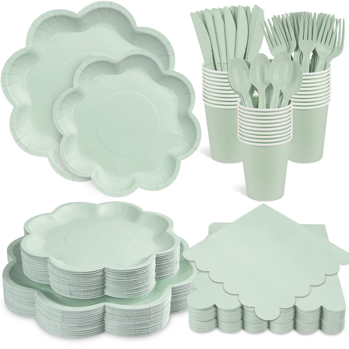 Houuqe sage green dinner plates with scalloped edge for elegant table decor.