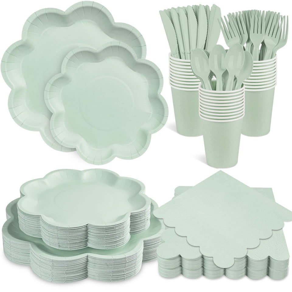 Houuqe sage green dinner plates with scalloped edge for elegant table decor.