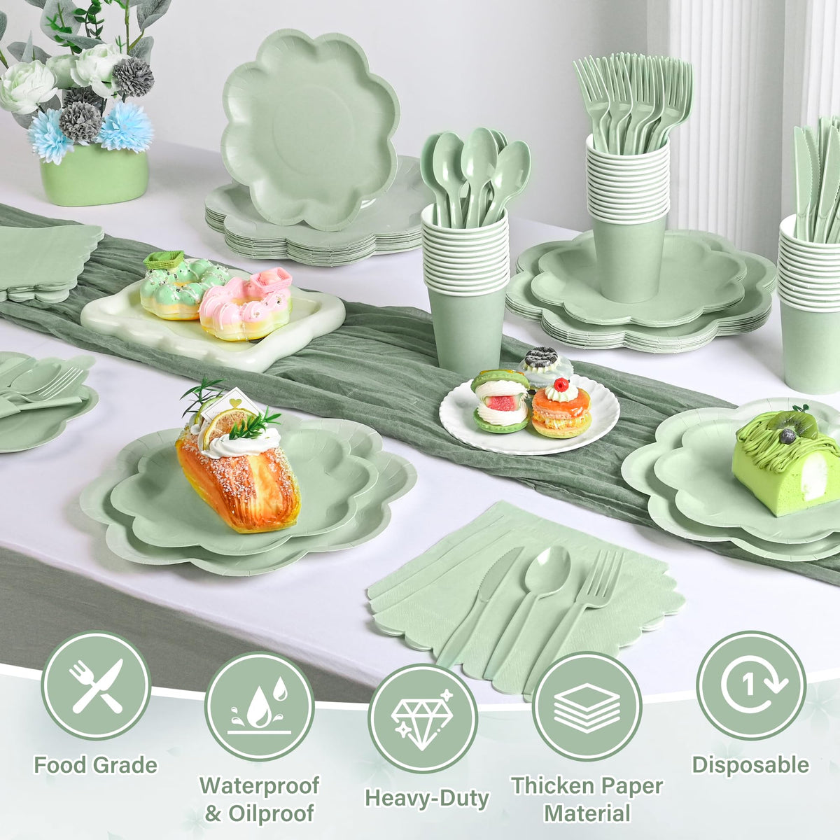 Houuqe sage green plastic cutlery set for convenient disposable dining.