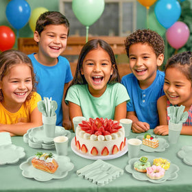 Houuqe sage green scalloped-edge plates elevate floral-themed celebrations.