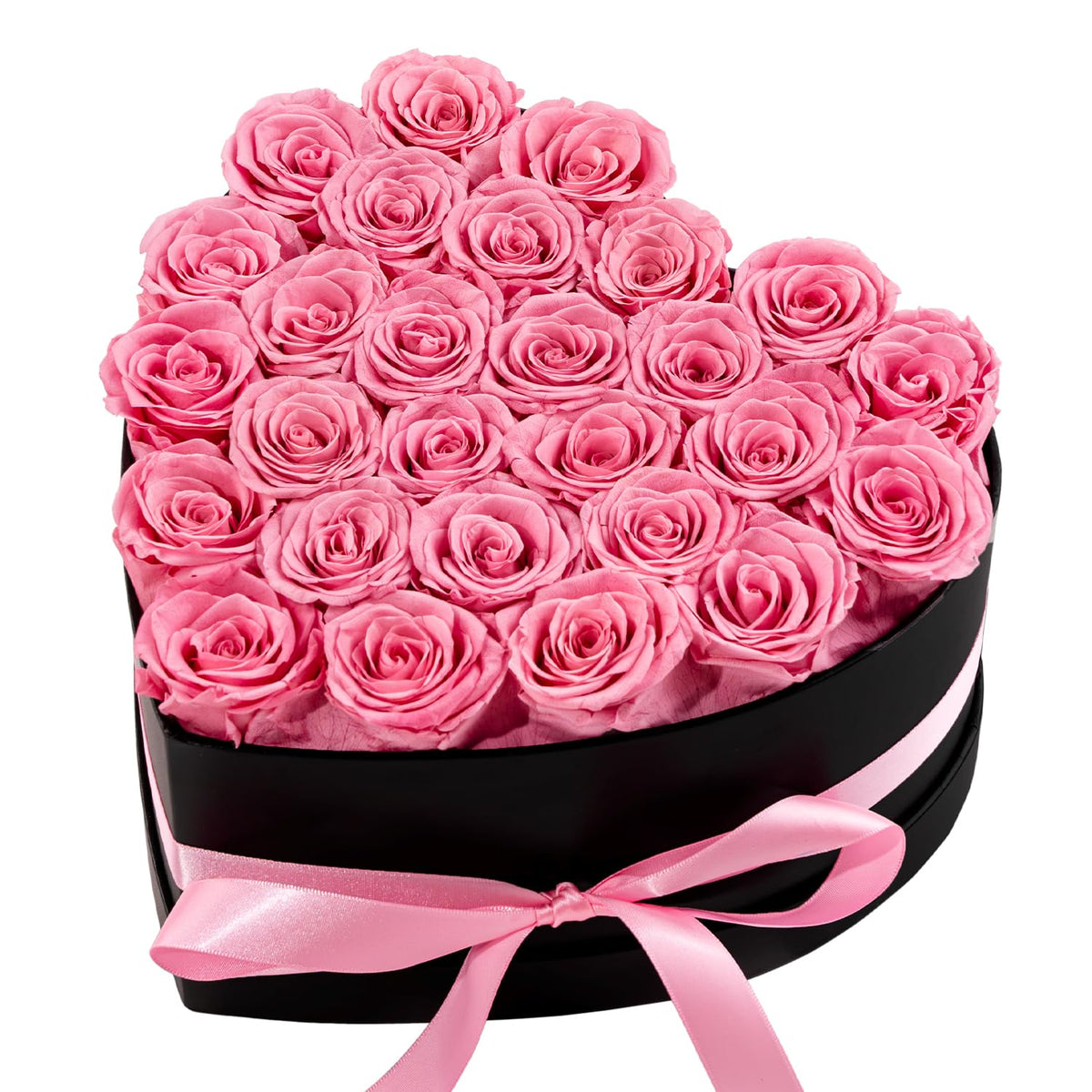 Hover Flower 27 forever roses in a pink heart box create a lasting romantic centerpiece.