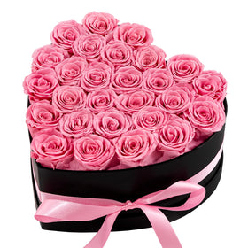 Hover Flower 27 forever roses in a pink heart box create a lasting romantic centerpiece.