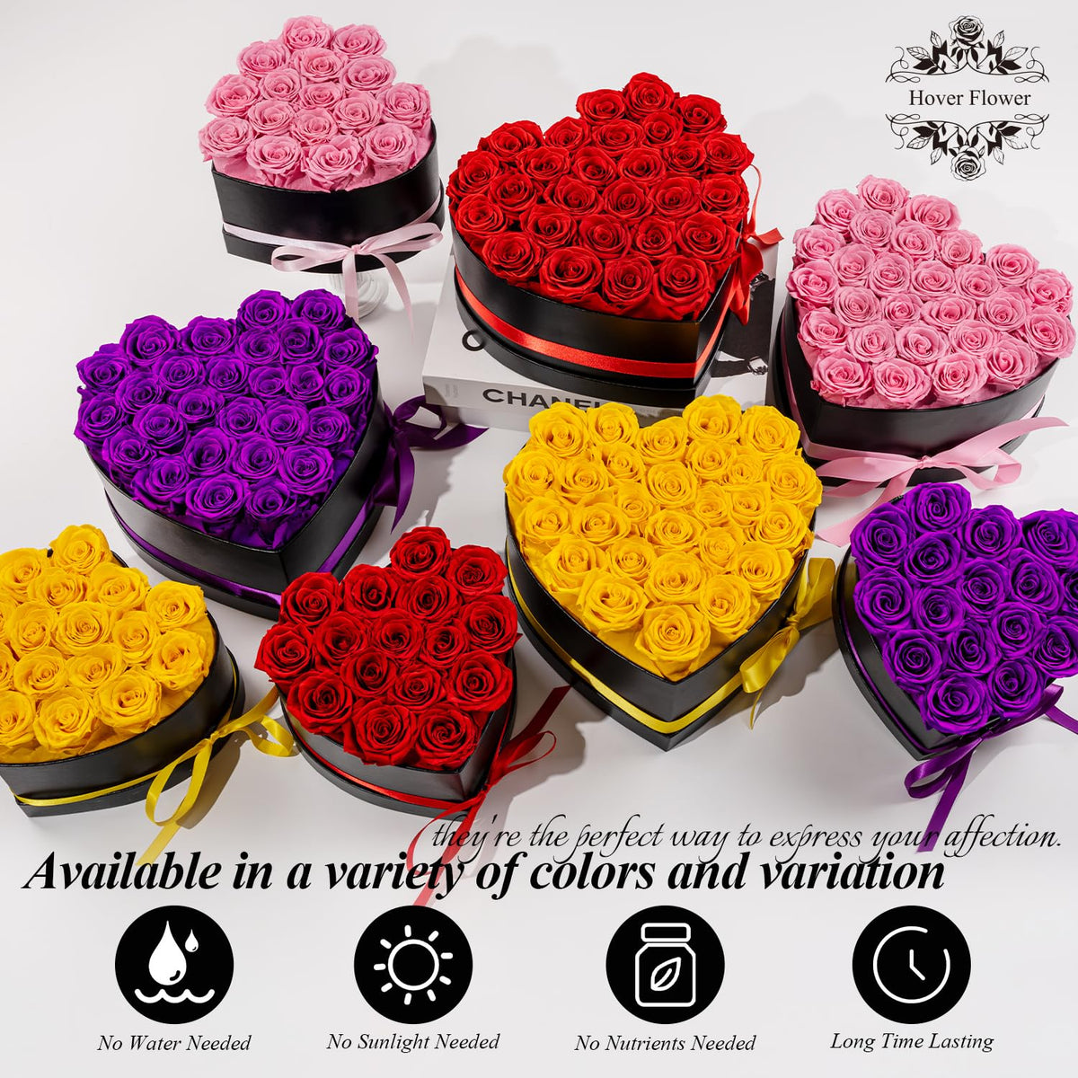 Hover Flower 27-rose arrangement in an elegant heart box enhances home decor.
