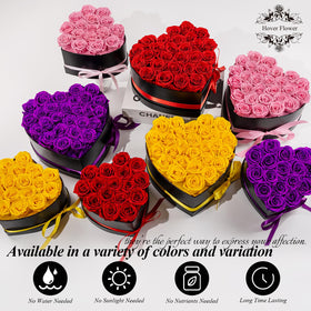 Hover Flower 27-rose arrangement in an elegant heart box enhances home decor.