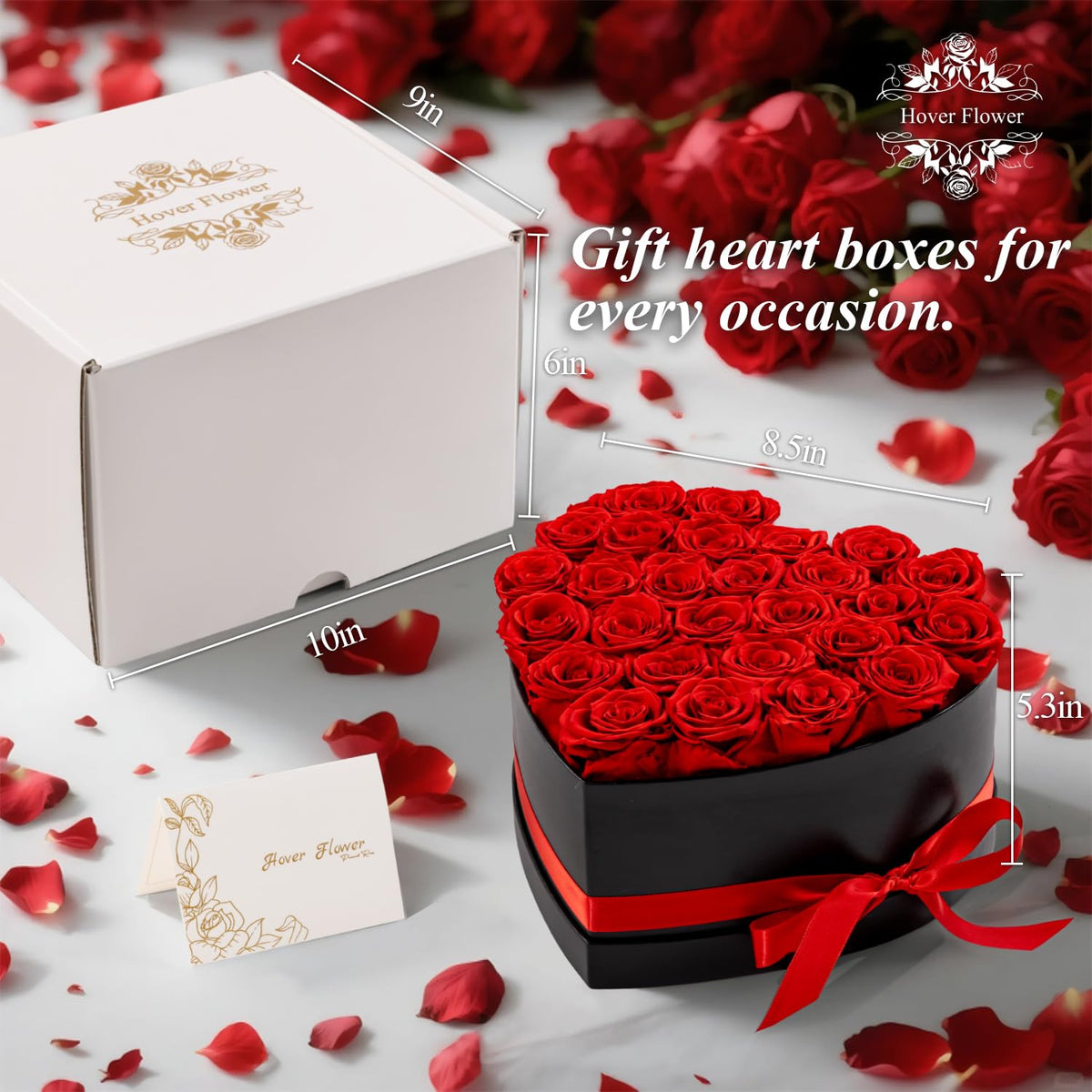 Hover Flower 27 Forever Roses in a pink box, lasting beauty for anniversaries.