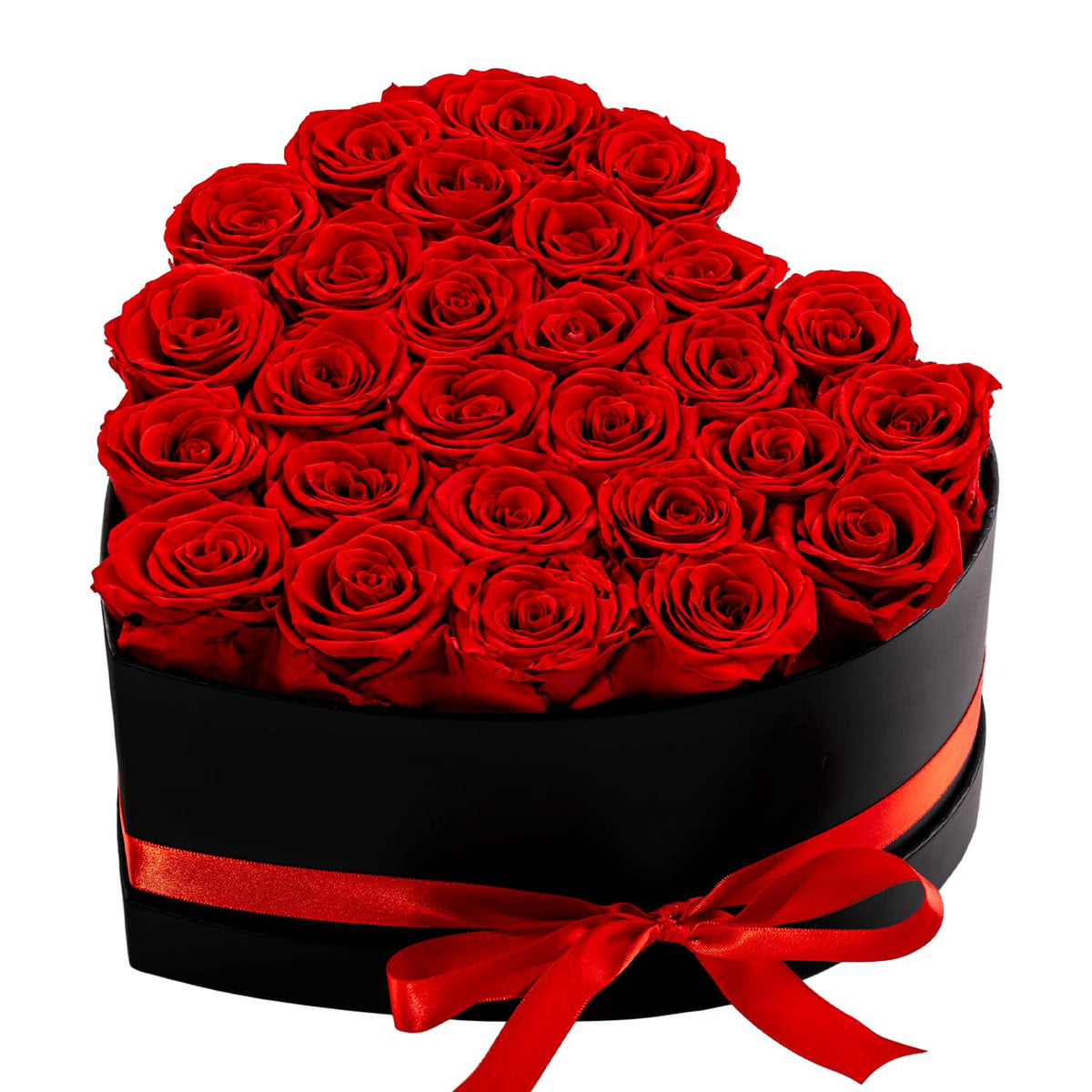 Hover Flower 27 Forever Roses in a red heart-shaped box for elegant gifting.