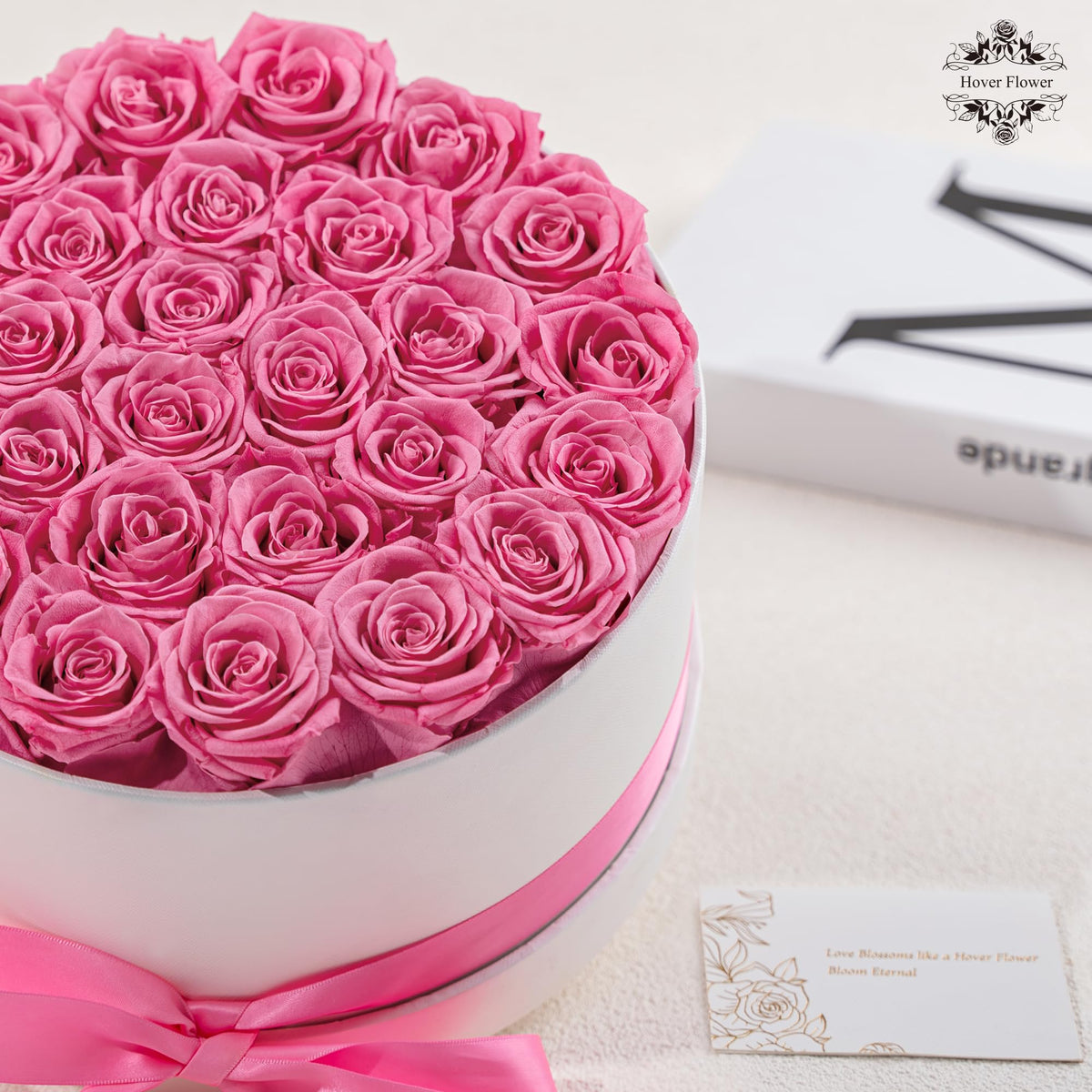 Hover Flower 27 Forever Roses in white box, ideal home or office decor.