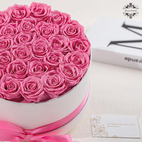Hover Flower 27 Forever Roses in white box, ideal home or office decor.