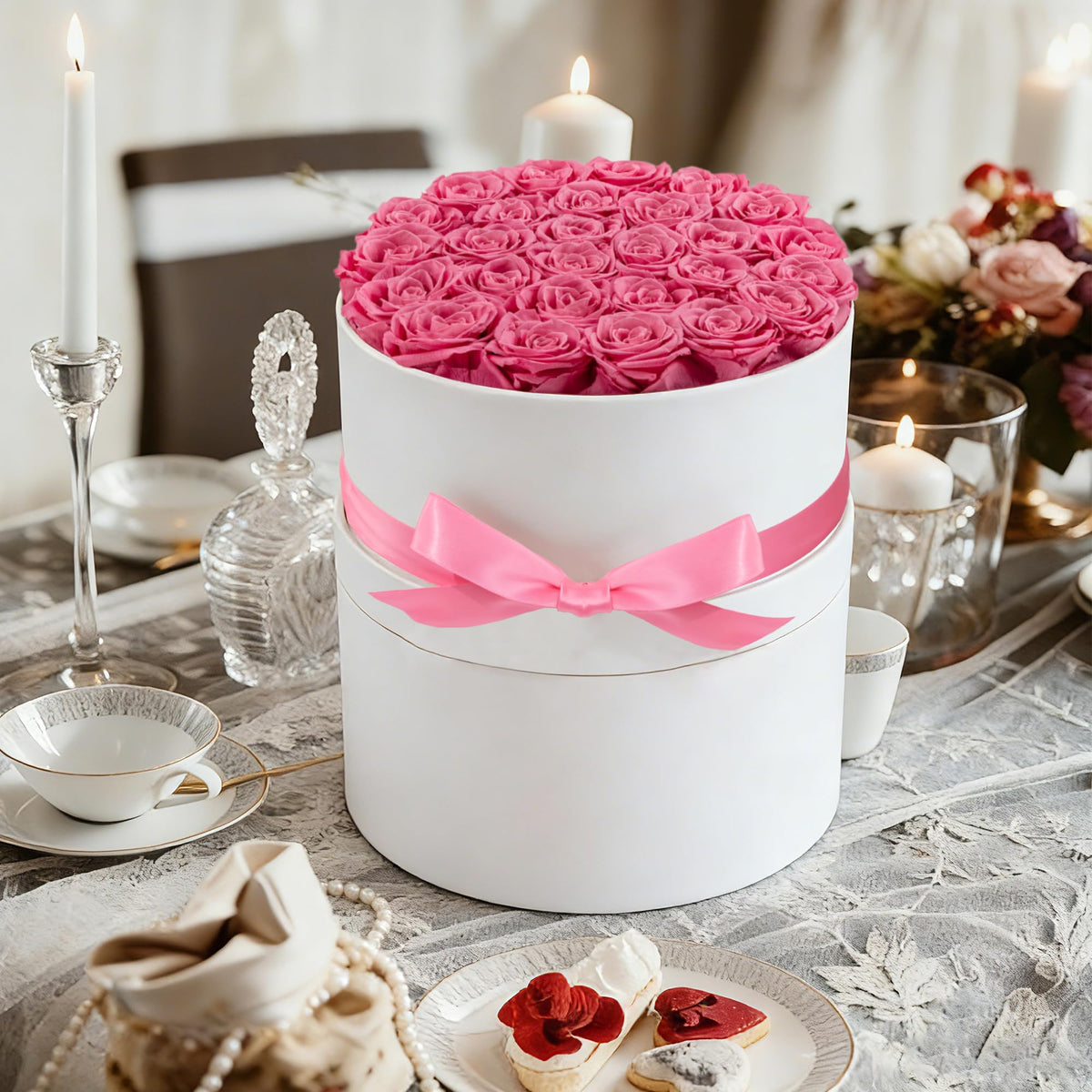 Hover Flower 27 Forever Roses box with ribbon, ready to gift instantly.