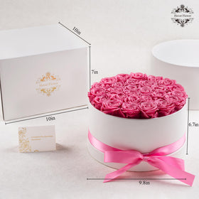 Hover Flower 27 Forever Roses inside white box, 27 preserved roses for lasting decor.