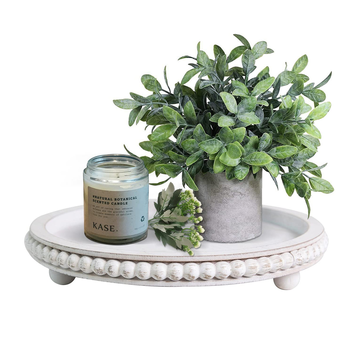 HPC Decor 12in round white beaded wood tray shown as a dining table centerpiece
