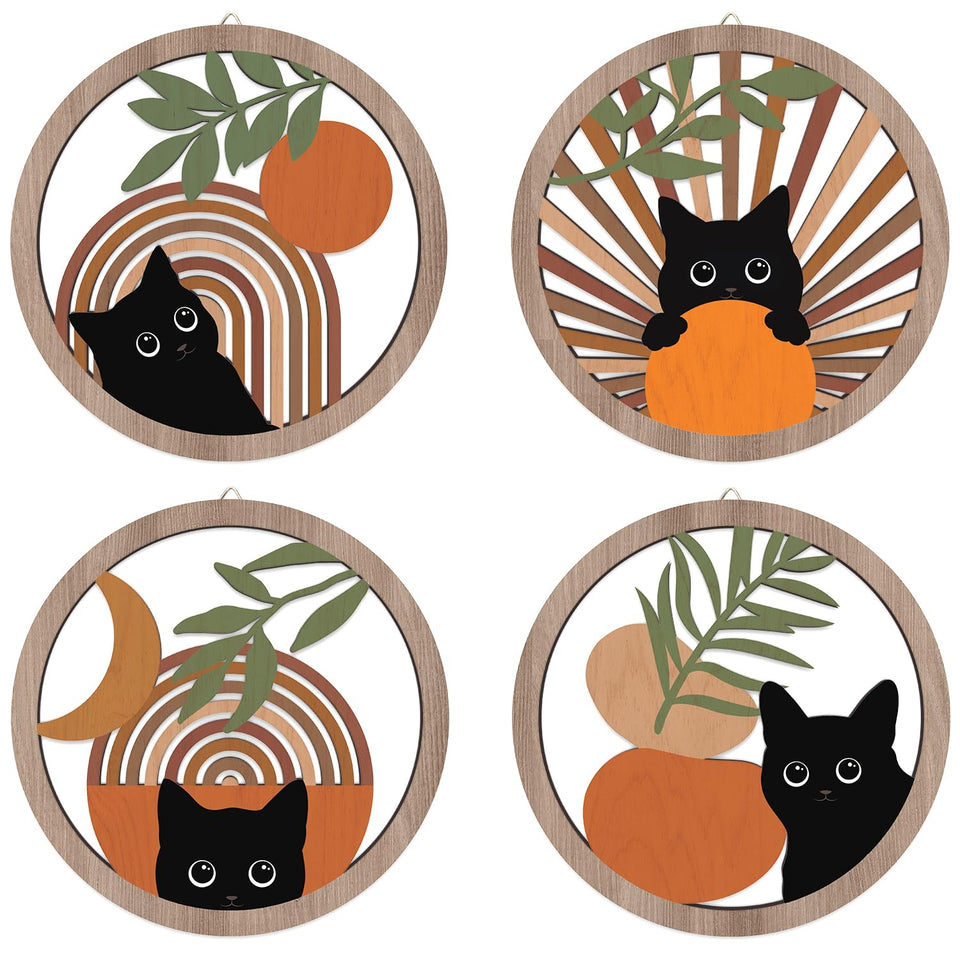 HPNIUB Boho Black Cat wall decor, four 10x10 inch panels for cozy living spaces.