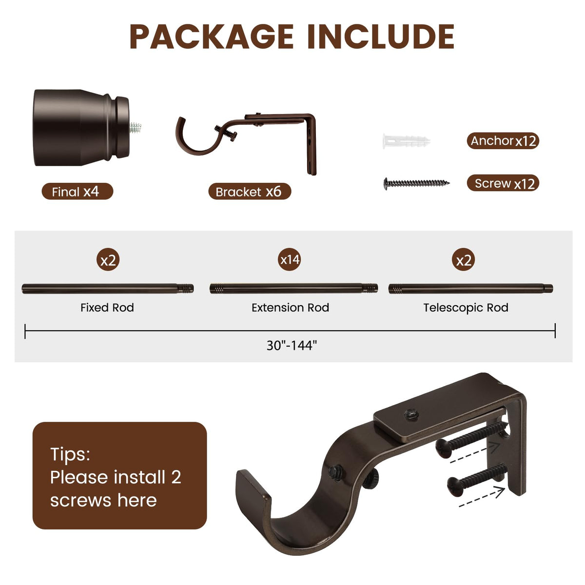 Hradecti 1-inch diameter rod extended to fit 30-144 inch spaces.