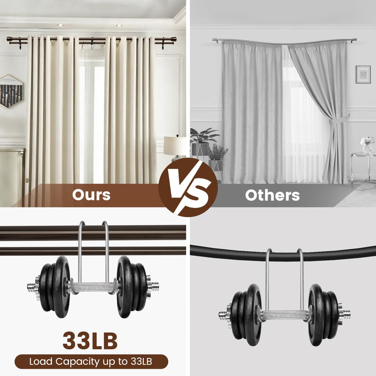 Hradecti bronze heavy-duty double curtain rod in living room with sheer and blackout curtains.