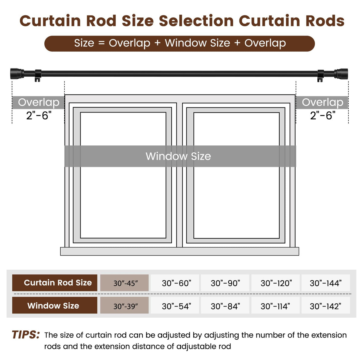 Hradecti telescoping curtain rod extends to fit 30-39 inch windows.