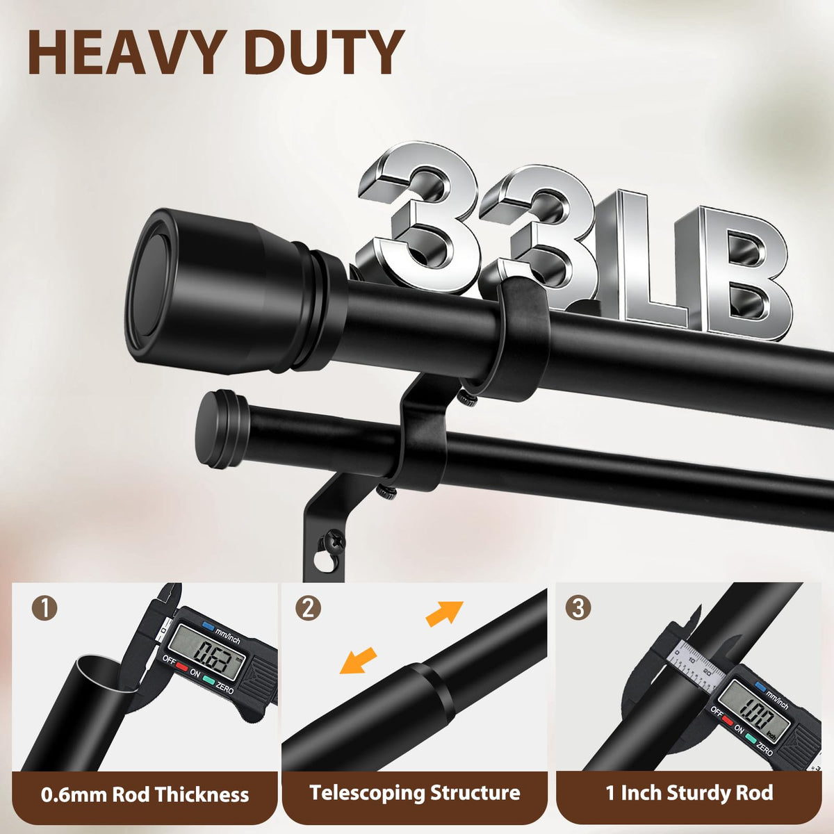 Hradecti heavy-duty capacity holds curtains up to 33 pounds.