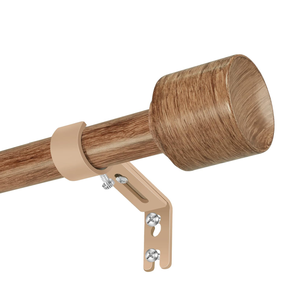 Hradecti wood grain curtain rod assembly shows adjustable length for wide windows.