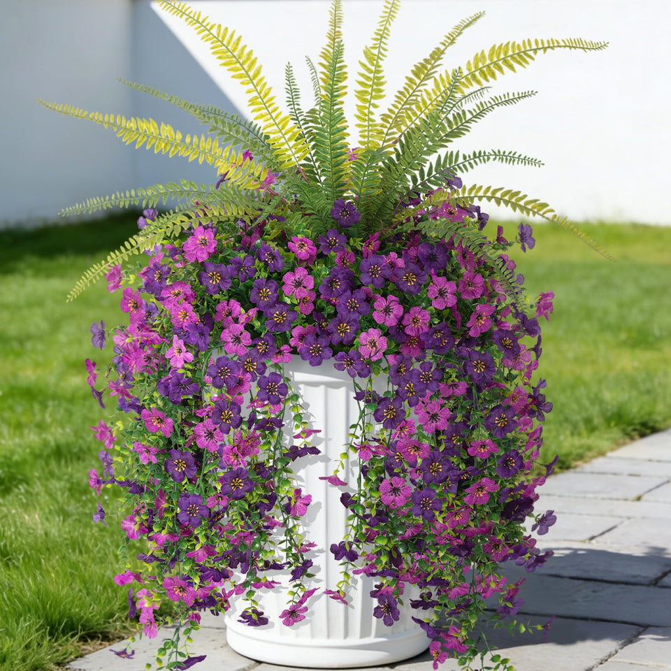Hrobek artificial daisy with Boston fern hanging for long-lasting outdoor decor.